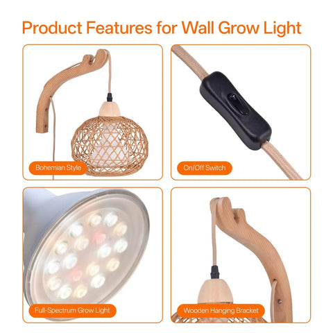Go-To Rattan Hanging Grow Light For Indoor Plant Parents features bohemian style shade, on/off switch, and wooden mount setup.