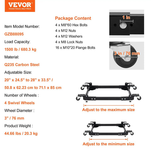 Heavy Duty Universal Mobile Base For Woodworking Equipment And Power Tools, 1500 Lb Capacity, Adjustable, 4 Swivel Wheels