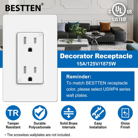 15 Amp Decor Outlet Tamper Resistant Electrical Wall Receptacle 15A 125V 1875W White Gloss Finish UL Listed Ideal For Residential And Commercial Use 40 Pack shown in living room setup