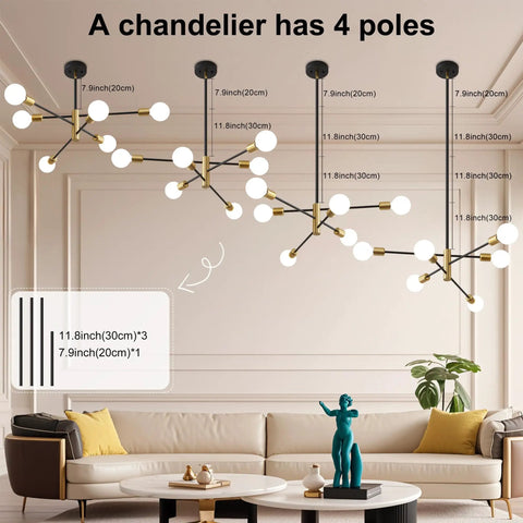 Room with Sputnik Chandelier Pendant Light Black And Gold, Mid Century Modern Industrial E26 Ceiling Fixture, adjustable rods