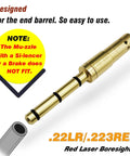 End Barrel Laser Bore Sight For .22LR And .223 Rem with brass finish, Class IIIa Red Laser, note about silencer compatibility.