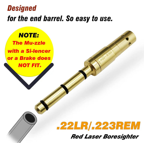 End Barrel Laser Bore Sight For .22LR And .223 Rem with brass finish, Class IIIa Red Laser, note about silencer compatibility.
