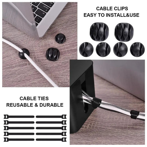 Image showing cable clips and cable ties part of the Two Pack Large And Medium Bamboo Style Cable Organizer Boxes set