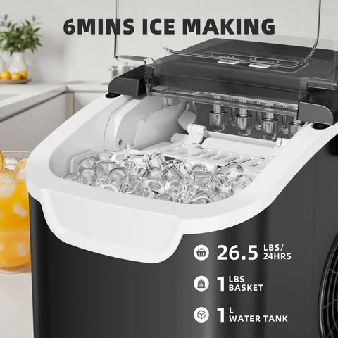 Countertop Ice Maker Machine With Quick Ice 8 Cubes In 6 Minutes 26.5 Lbs Per Day Self Cleaning Two Ice Sizes Ultra Quiet Black