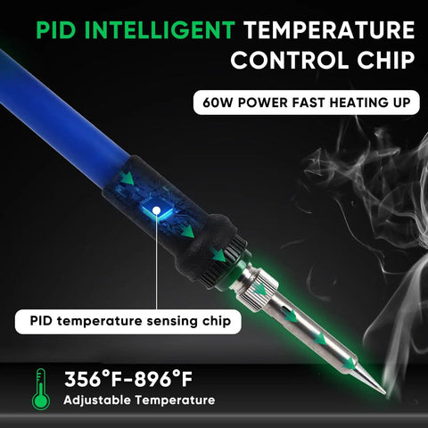 Pro Grade 60W Soldering Station Kit with PID Control and Auto Calibration, showcasing ceramic iron and temperature chip.