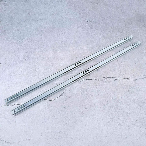 Two Pack 450x17mm Drawer Slide Rails For Net Closet Systems Beefy Smooth Quiet Glide Heavy Duty Hardware Upgrade Fits Net Rail And Drawer Cabinets Easy Install Durable Steel Rails For Tools Furniture And Home Organization. Two steel drawer slide rails, 450x17mm, on a light surface.