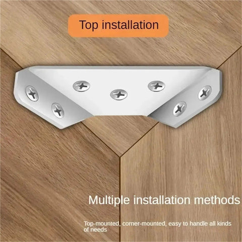 Heavy Duty Stainless Steel Corner Brackets For Furniture Shelves And Cabinets With Matched Screws Tough As Nails Angle Braces installed in wood.
