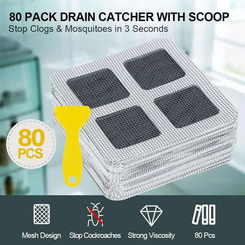 Ditch Sneaky Drain Clogs Now With These Heavy Duty Disposable Hair Catcher Stickers in an 80 pack with a scoop for easy cleaning.