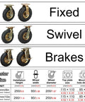 Heavy Duty Pneumatic Caster Wheels 8 Inch And 10 Inch 2 Pack Swivel Brake Fixed Casters on display with detailed size chart.