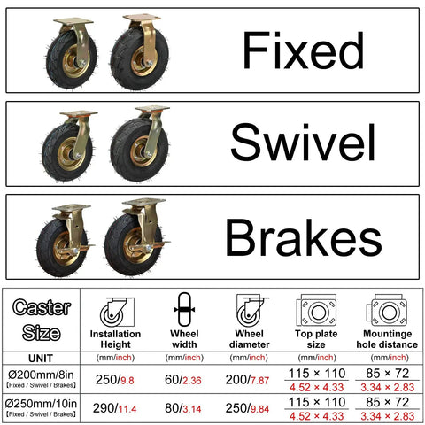 Heavy Duty Pneumatic Caster Wheels 8 Inch And 10 Inch 2 Pack Swivel Brake Fixed Casters on display with detailed size chart.