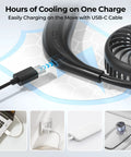 Portable Neck Fan for Hands Free Cooling with USB-C charging cable, showing lightweight wearable personal fan design