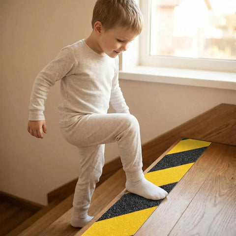 Heavy Duty Non Slip Traction Tape for Indoor Outdoor Stairs and Floors, yellow caution grip tape installed on wooden stair step