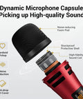 Wireless Microphone System With Four Channel UHF Handheld Mics For Karaoke Parties Church Weddings Long Range 60 Meters 200 Feet Stable Signal Red For Live Events showing mic components