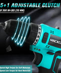 Brushless 21V Cordless Drill Kit with Three Eighths Inch Keyless Chuck 300 InLb Torque showing adjustable clutch feature