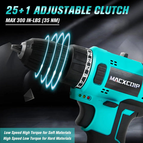 Brushless 21V Cordless Drill Kit with Three Eighths Inch Keyless Chuck 300 InLb Torque showing adjustable clutch feature