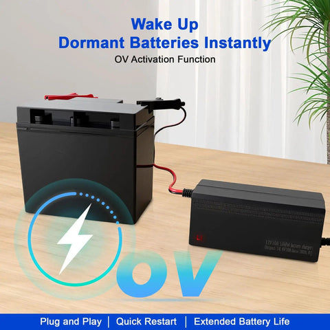 14.6V 10A LiFePO4 Battery Charger For 12V Lithium Battery connected, demonstrating OV activation function.