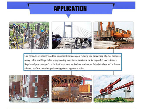 Yokoma 110V portable line boring machine application diagram showing construction, shipyard, and bridge repair scenes.