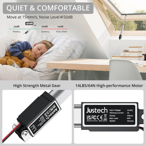 Compact Mini Linear Actuator With 4 Inch Stroke And 64 Newtons Of Raw Power, quiet motor with 15mm/s speed and IP54 rating.