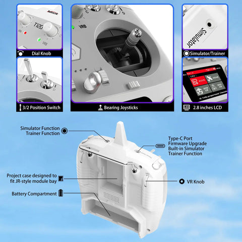 Close-up of T12D 12CH 2 4G RC Transmitter With R12F Receiver controls and back view showcasing simulator and LCD display.