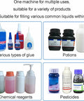 Various liquids including glue, potions, chemical reagents, and pesticides suitable for Heavy Duty Digital Liquid Filling Machine With Stainless Steel Housing Straight Up Hella Fast At 13 Liters Per Minute Dead Simple Plug And Play Bottle Setup Knocks Out Juices And Spirits Daily.