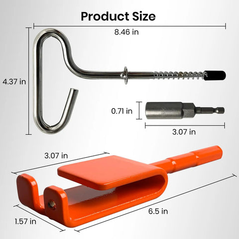Product dimensions of Ice Anchor Tool Kit For Cold Weather Fishing And Camping, featuring stainless steel stakes and drill adapter.