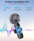 Ultra Clear Wireless Lavalier Microphone 2 Pack For iPhone Android with noise cancellation AI display and fluffy cover.