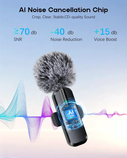 Ultra Clear Wireless Lavalier Microphone 2 Pack For iPhone Android with noise cancellation AI display and fluffy cover.