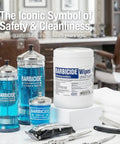 Barbicide disinfecting wipes and solutions in a salon setting with tools, showcasing Disinfecting Wipes 2 Pack 320 Count, 2-Minute Hospital-Grade Kill Time, EPA-Registered Surface Wipes, Bactericidal Virucidal Tuberculocidal Formula, Fast-Acting, Go-To Cleaning Power For Homes Salons And Offices.