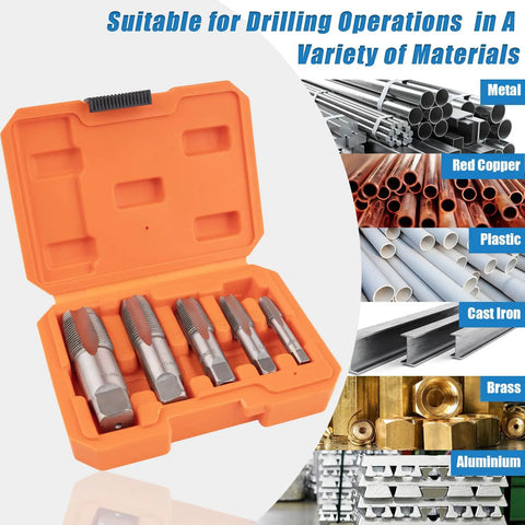 Five Piece NPT Pipe Tap Set With Sizes One Eighth Inch Through Three Quarters Inch Carbon Steel Hand Threading Tool in case