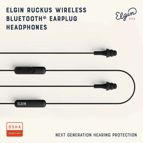 Ruckus Wireless Bluetooth Earbuds With 25 dB Noise Reduction And Noise Cancelling Mic 12 Hour Battery IP65 Sweatproof OSHA Compliant Hearing Protection For Work Safety In Loud Environments. Close-up with controls and earbuds.