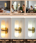 Golbasdena 13in Alabaster Wall Sconces, Gold Wall Lights Bulb Included showcasing warm, natural, and white light options.
