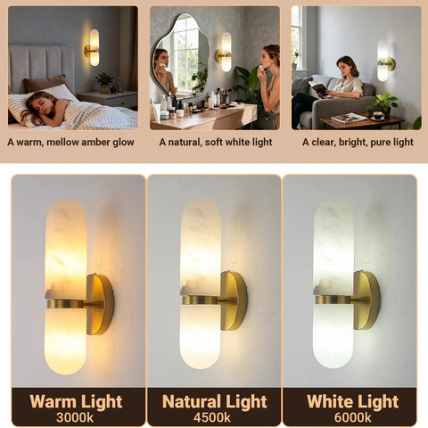 Golbasdena 13in Alabaster Wall Sconces, Gold Wall Lights Bulb Included showcasing warm, natural, and white light options.