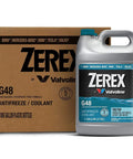 Top Shelf Heavy Duty G48 Antifreeze And Coolant Ready To Go 50 50 Mix in a one-gallon plastic bottle next to its bulk case.