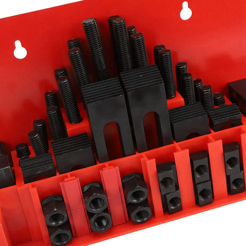 Heavy Duty 58 Piece T Slot Clamp Kit For Lathes And CNC Machines With M10 Bolts durable black oxide steel components in organized red box.