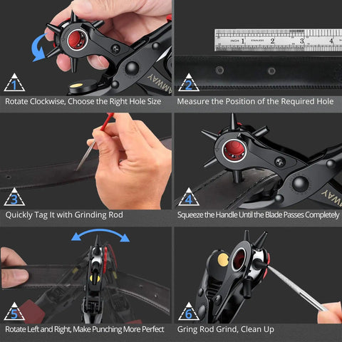 Leather Hole Punch Kit With 6 Size Revolving Punch Plier All In One Pro Grade Quality Includes 240 Rivets shown with usage instructions