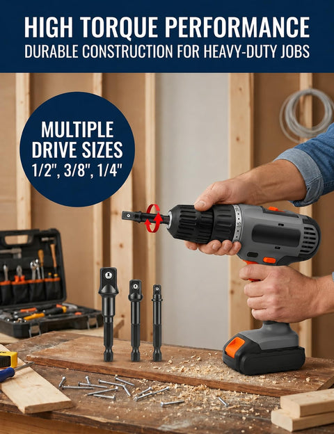3 Piece Impact Socket Adapter Set With One Quarter Inch, Three Eighth Inch And One Half Inch Drive Heads Converts Your Power Tools