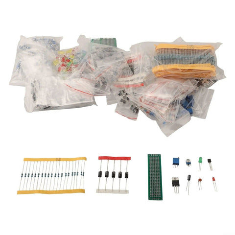 Ultra Complete 1818 Piece Electronics Components Kit With Resistors Capacitors LEDs Diodes Transistors Potentiometers And PCB Board contents displayed