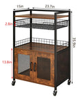 Rustic Brown Coffee Bar Cart on Wheels, 3 Tier Coffee Station Table With Pull Out Wire Basket Drawer, Cabinet With Two Doors