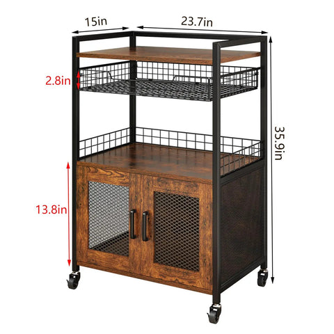 Rustic Brown Coffee Bar Cart on Wheels, 3 Tier Coffee Station Table With Pull Out Wire Basket Drawer, Cabinet With Two Doors