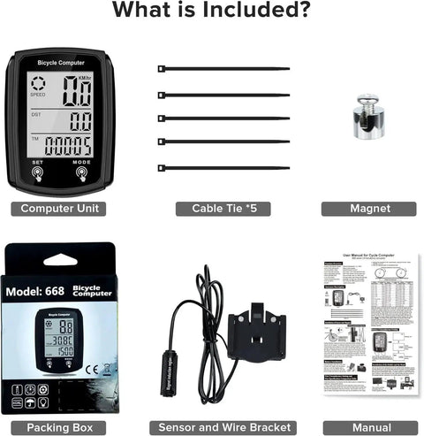 Bike Computer Odometer With Wired Speed Sensor MPH And KMH Readouts Auto Wake Up LCD Cycling Display in package contents