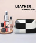 Hella Cool Black And White Piano Plate Grid Print Portable Makeup Bag For Women Offering Tough Waterproof PVC Finish Travel Toiletry Organizer And Brush Holder with cosmetics.