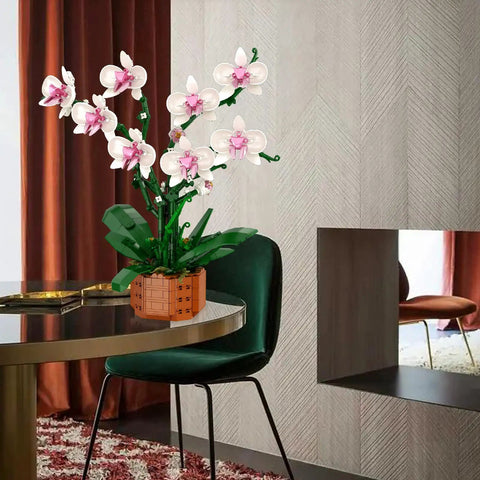 Orchid Floral Building Blocks Kit For Adults Dope DIY Flower Brick Set For Home Decor 729 Pieces Realistic Orchid Build Perfect Gift For Mom Girlfriend Valentines Or Mothers Day in orange pot