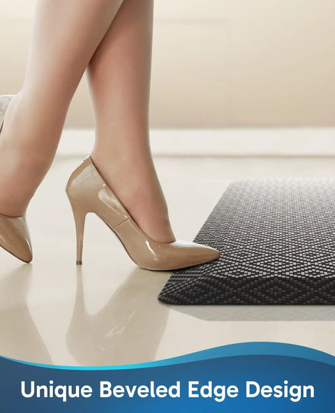 Woman standing on Ultra Thick Anti Fatigue Floor Mat For Kitchen And Office Three Quarters Inch Cushioned 20 By 39 Inch Rug