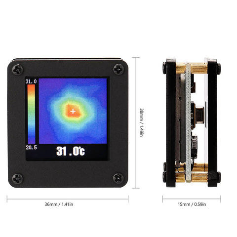 Front and side view of USB Powered AMG8833 Infrared Thermal Imager 8x8 Sensor Array with housing, showing temperature display.