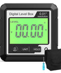Knockout Performance Digital Angle Finder With Heavy Duty Magnetic Base And Bright Backlit Lcd Display Functions As A Sleek Protractor Inclinometer Level Box For Dead On Accuracy showing a digital level box with a green display.
