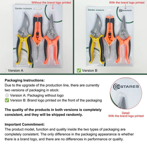 Two versions of Three Pack Stainless Steel Garden Shears Pruning Set, with and without brand logo on packaging