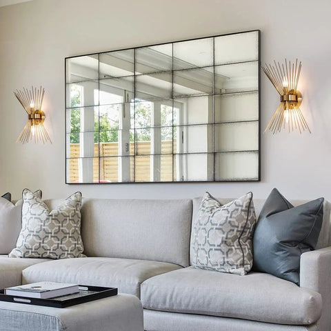 Mid Century Style Wall Sconces With Antique Brass Brush Finish And Starburst Shade, 2 Pack Bedside Hallway Bathroom Vanity Lighting Fixtures For Bedroom Entryway, Retro Vibe installed on living room wall with plush sofa