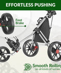 Legit Top Tier Aluminum Golf Push Cart Three Wheel Lightweight Folding Caddie with foot brake and smooth-rolling wheels.