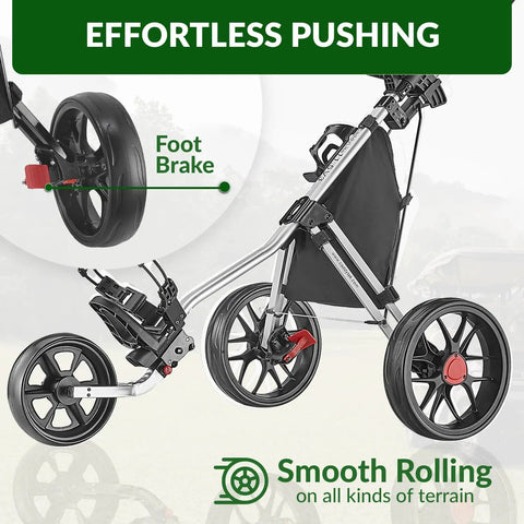 Legit Top Tier Aluminum Golf Push Cart Three Wheel Lightweight Folding Caddie with foot brake and smooth-rolling wheels.