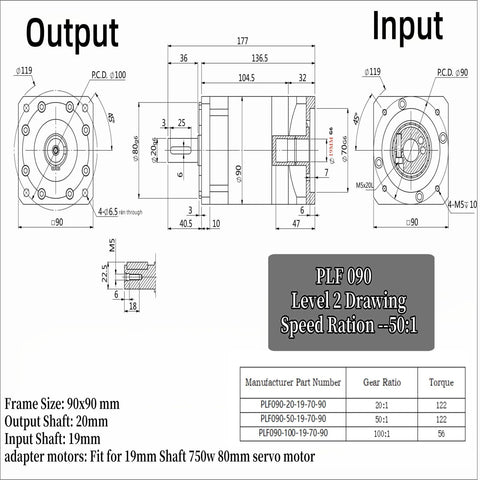 Technical blueprint of High Torque Planetary Gearbox 50 To 1 Speed Reducer for 19 mm shaft, 750W 80 mm servo motor with dimensions.